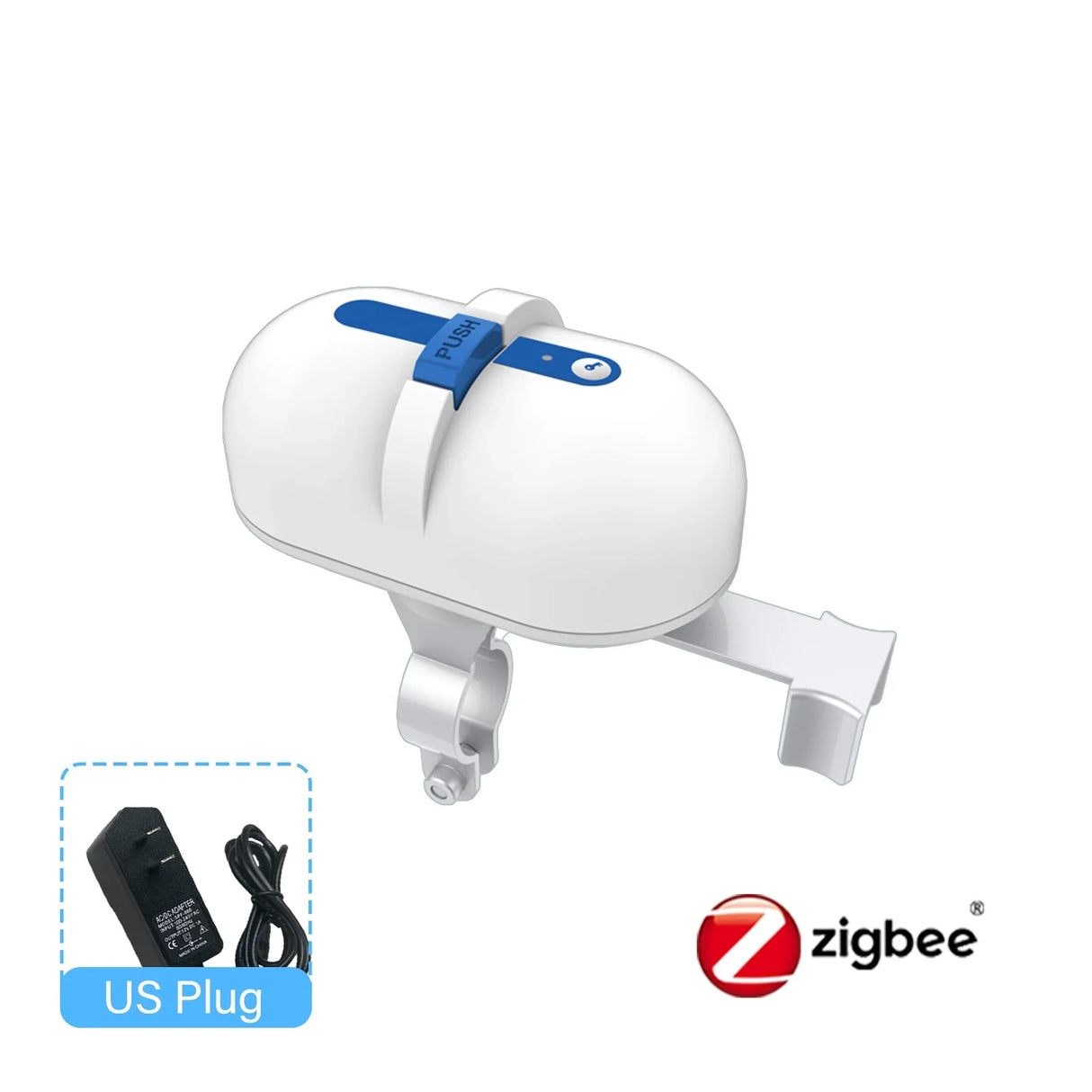 White smart button pusher with mounting bracket.