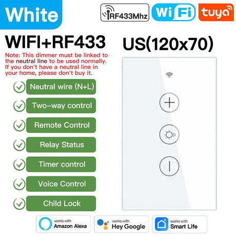 White smart dimmer switch with WiFi and RF433 connectivity.