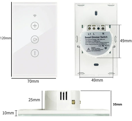 White smart dimmer switch with dimensions.
