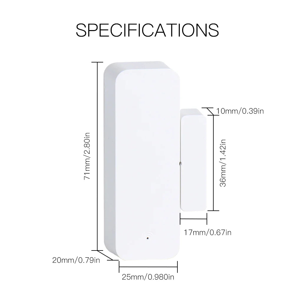 White smart home door sensor with dimensions.