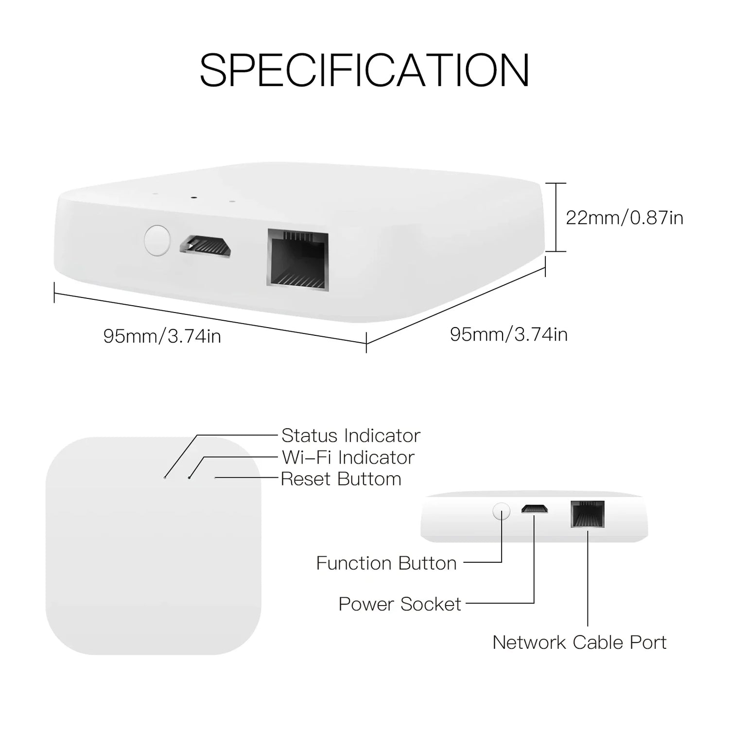 White smart home hub with dimensions and port labels.