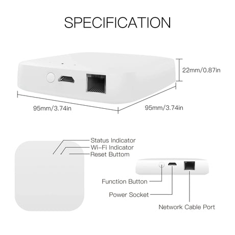 White smart home hub with dimensions and port labels.