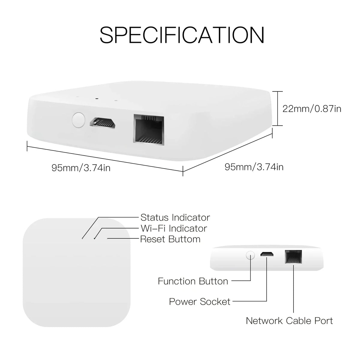 White smart home hub with dimensions and port labels.