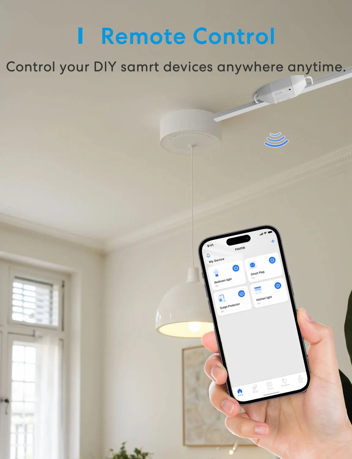 White meross matter smart wi-fi switch with energy monitor mounted on ceiling showing wireless signal icon above