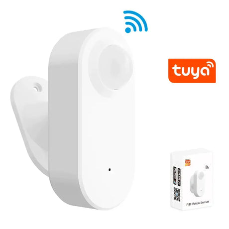 a white smart home security device with a remote control