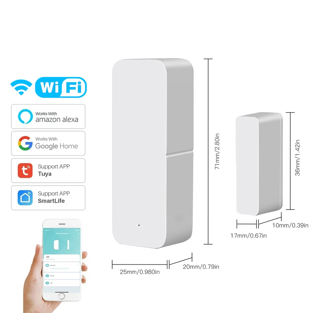 White smart home sensor with dimensions.
