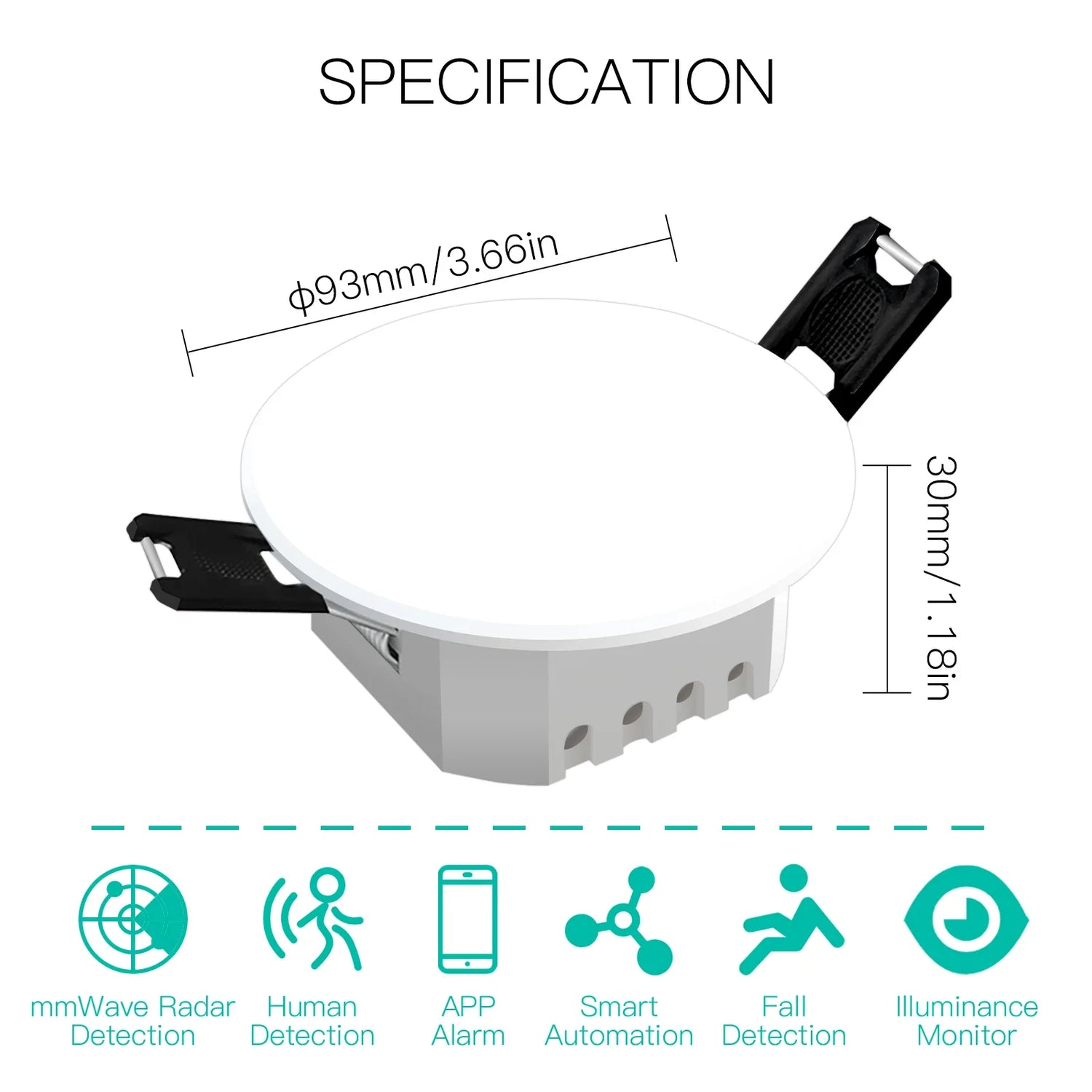 White smart home sensor with dimensions.