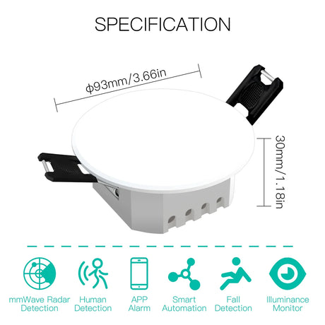 White smart home sensor with dimensions.