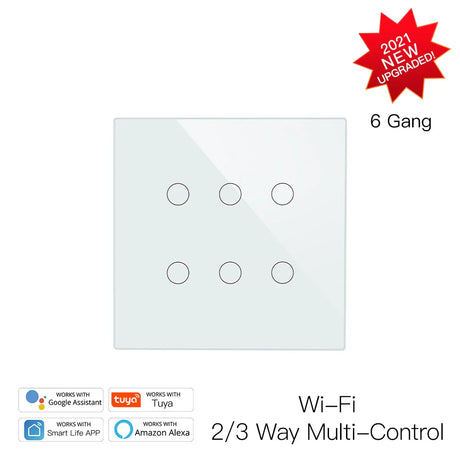 White smart light switch with six buttons.