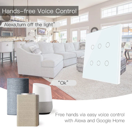 White smart light switch with six touch controls.
