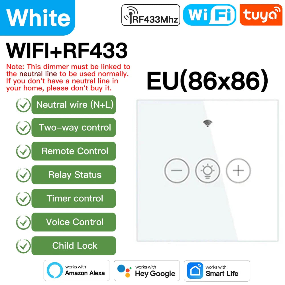White smart light switch with WiFi and RF433 connectivity.