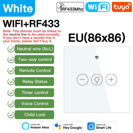 White smart light switch with WiFi and RF433 connectivity.