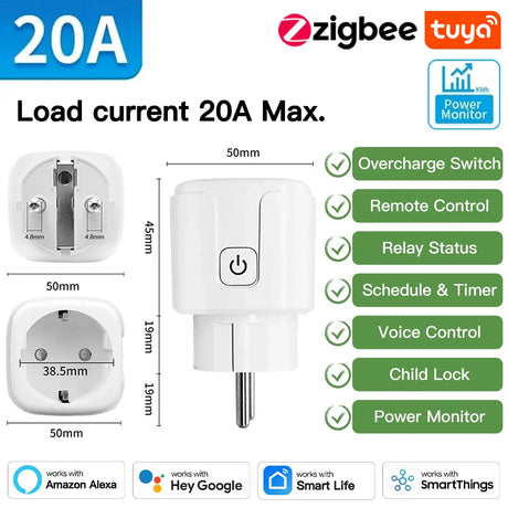 White smart plug with dimensions and features.
