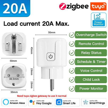 White smart plug with dimensions and features.