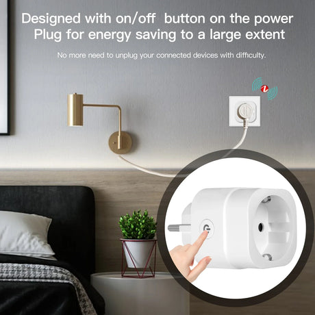 White smart plug with on/off button.