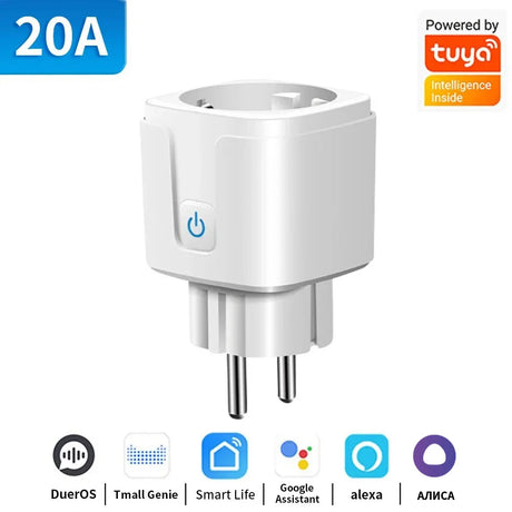 White smart plug with power button.