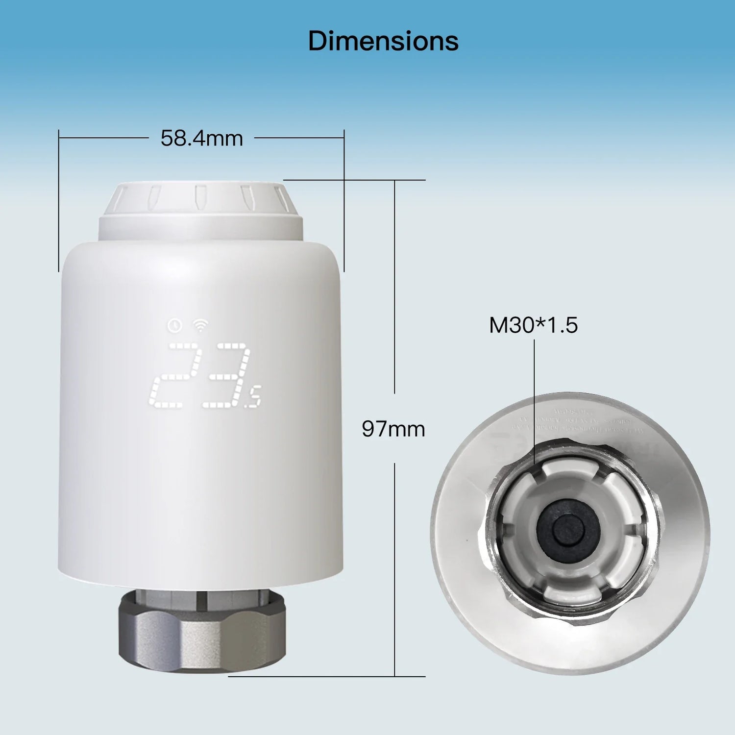 White smart radiator thermostat with dimensions.