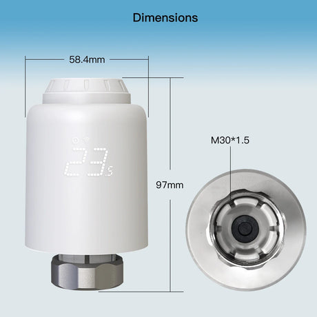 White smart radiator thermostat with dimensions.