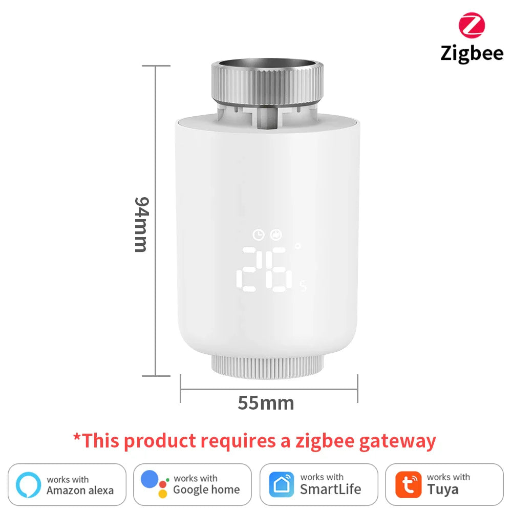White smart radiator thermostat with dimensions.