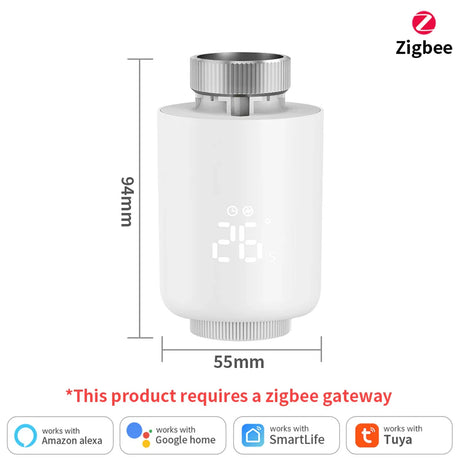 White smart radiator thermostat with dimensions.