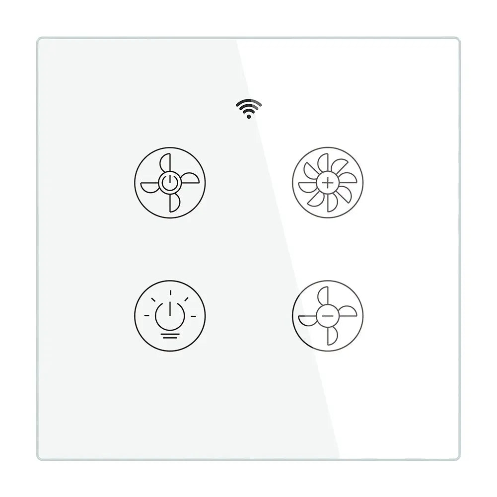 White smart switch with fan and light controls.
