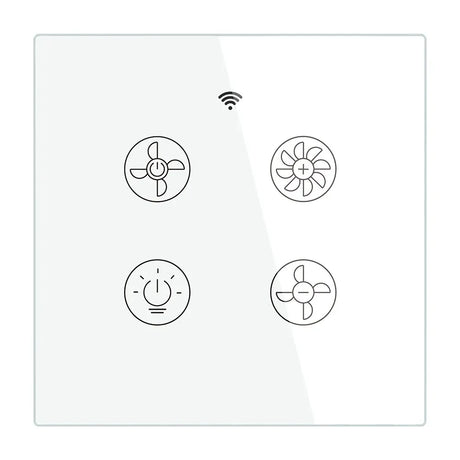 White smart switch with fan and light controls.