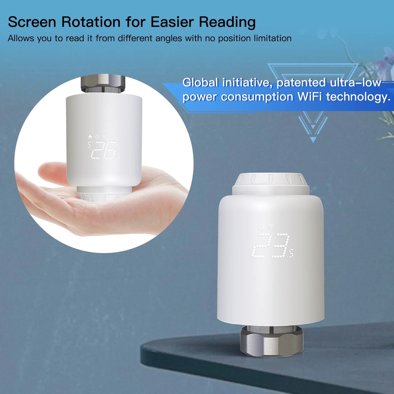 White smart thermostat with digital display.