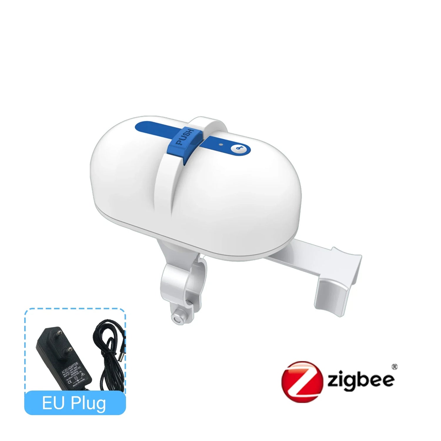 White smart water valve with blue accents.