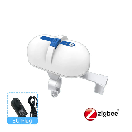 White smart water valve with blue accents.
