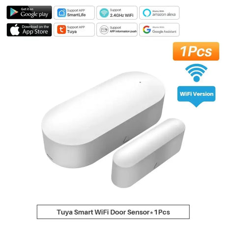 a white smart wifi door sensor with a smart app