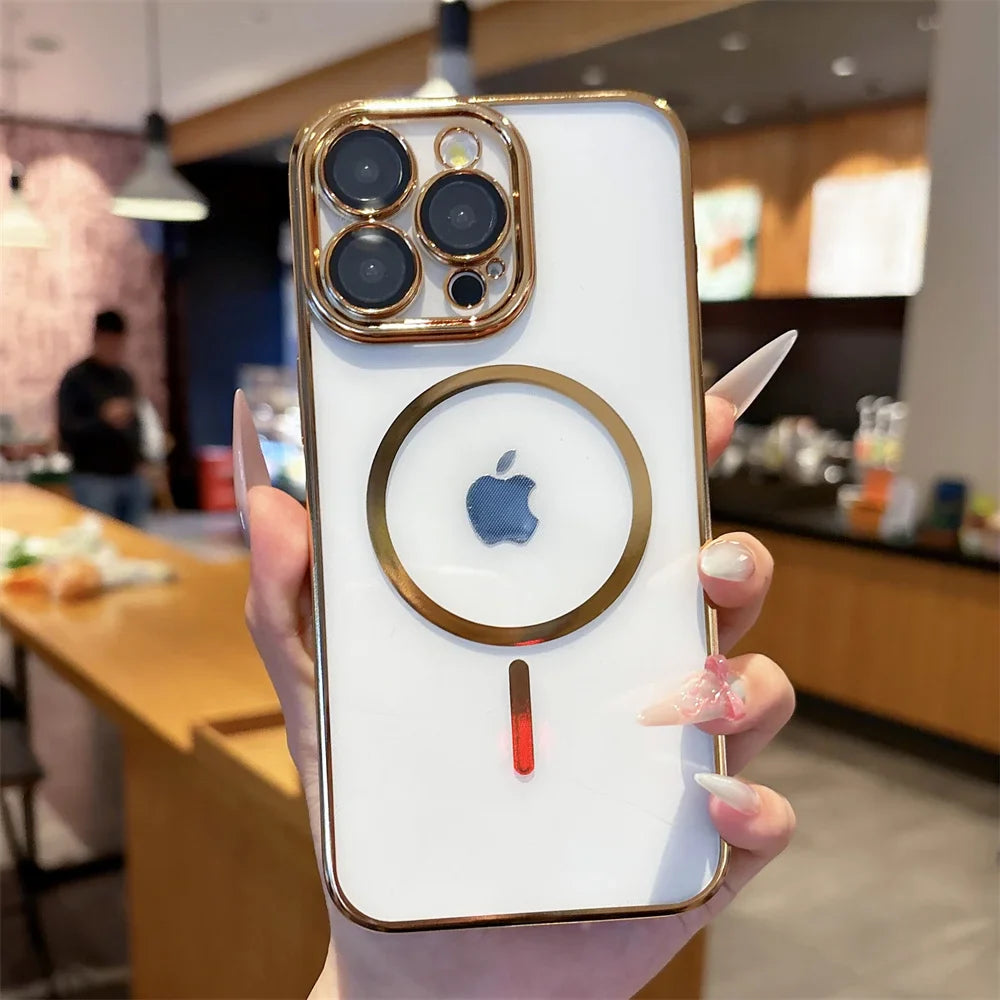 White smartphone in a clear case with gold accents and a visible Apple logo.