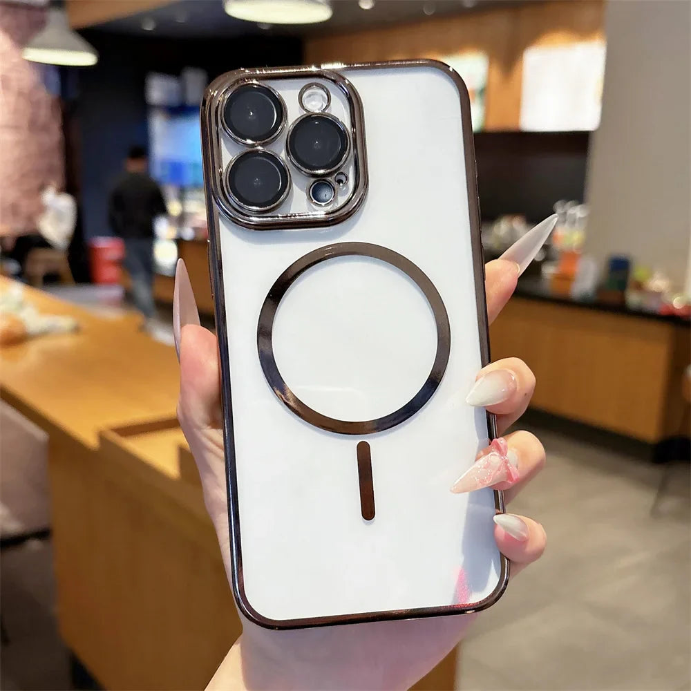 A white smartphone with a transparent case and a prominent magnetic charging ring.