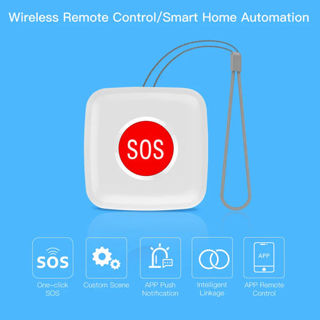 White square SOS button with lanyard.