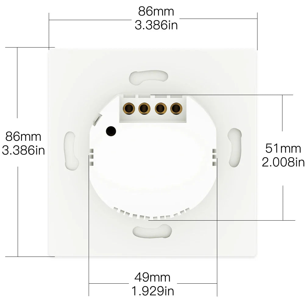 White square switch with dimensions.