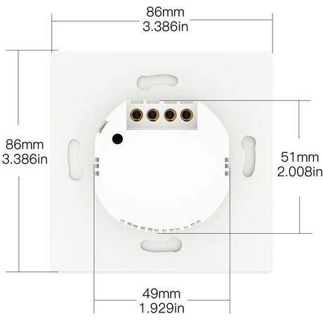 White square switch with dimensions.