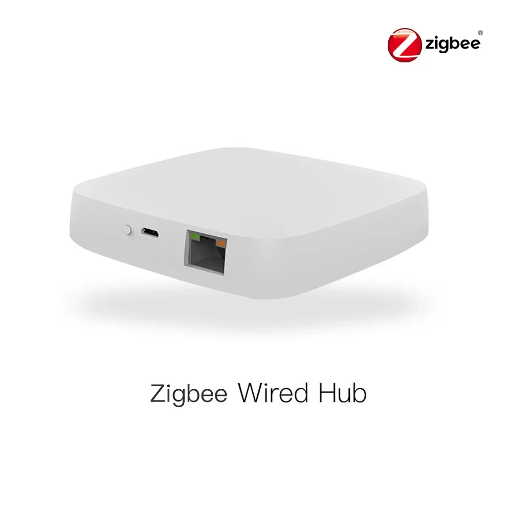 White, square Zigbee wired hub.