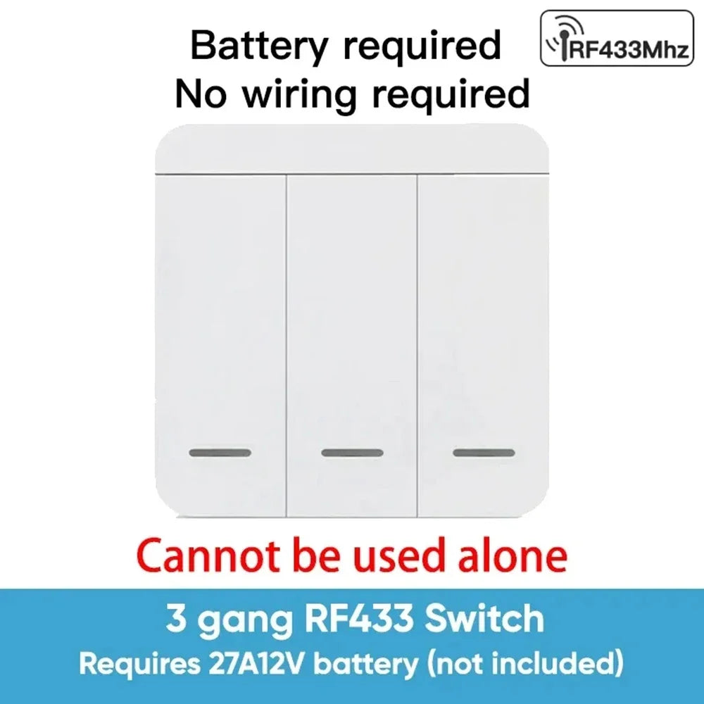 White, three-gang, battery-operated, wireless light switch.