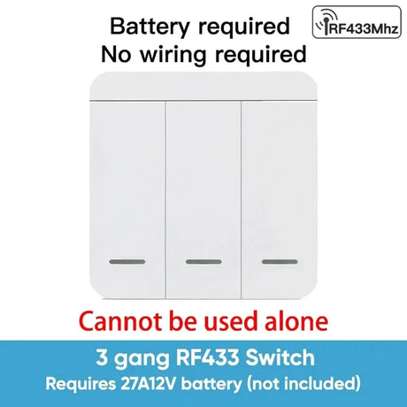 White, three-gang, battery-operated, wireless light switch.
