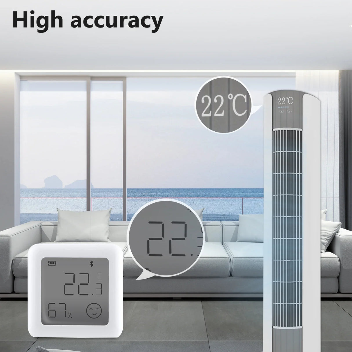 White tower fan with digital display.