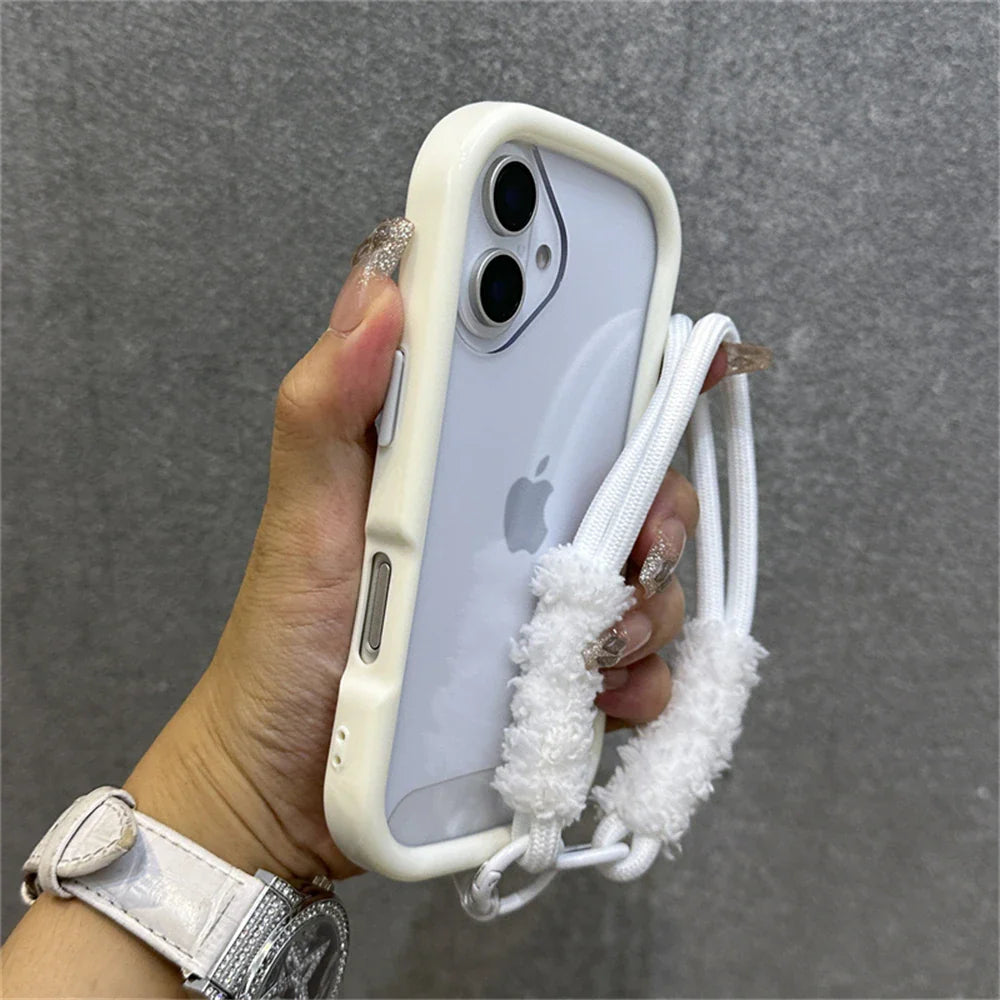 White-trimmed clear phone case with fluffy strap.