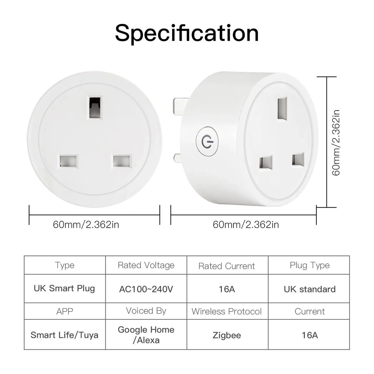 White UK smart plug with specifications.