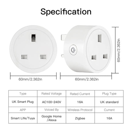 White UK smart plug with specifications.
