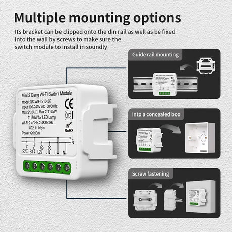 White Wi-Fi switch module with multiple mounting options.