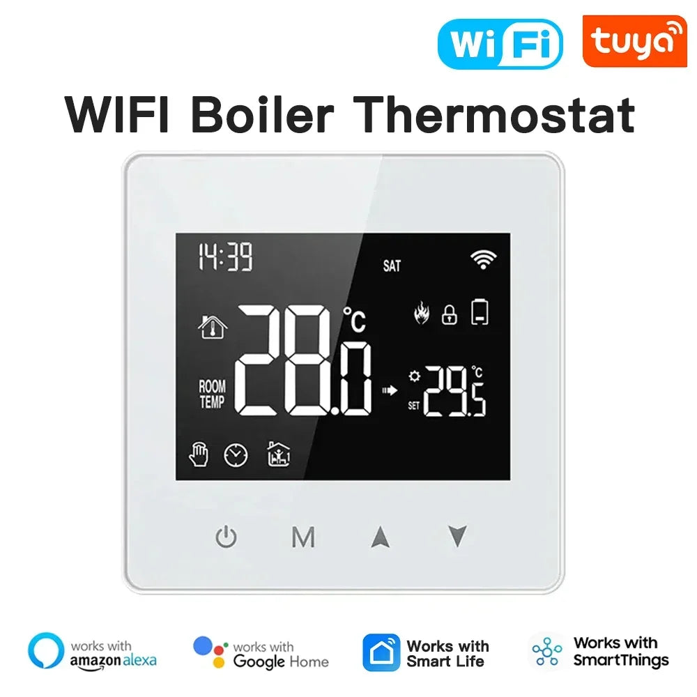 White WiFi boiler thermostat with digital display.
