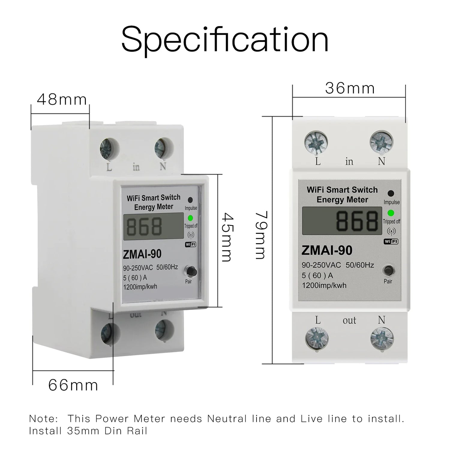 White WiFi smart switch energy meter with dimensions.