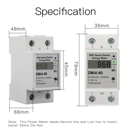 White WiFi smart switch energy meter with dimensions.