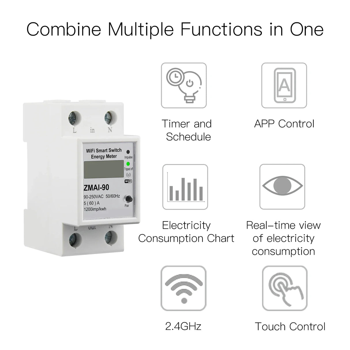 White WiFi smart switch energy meter with timer, app, and touch control.