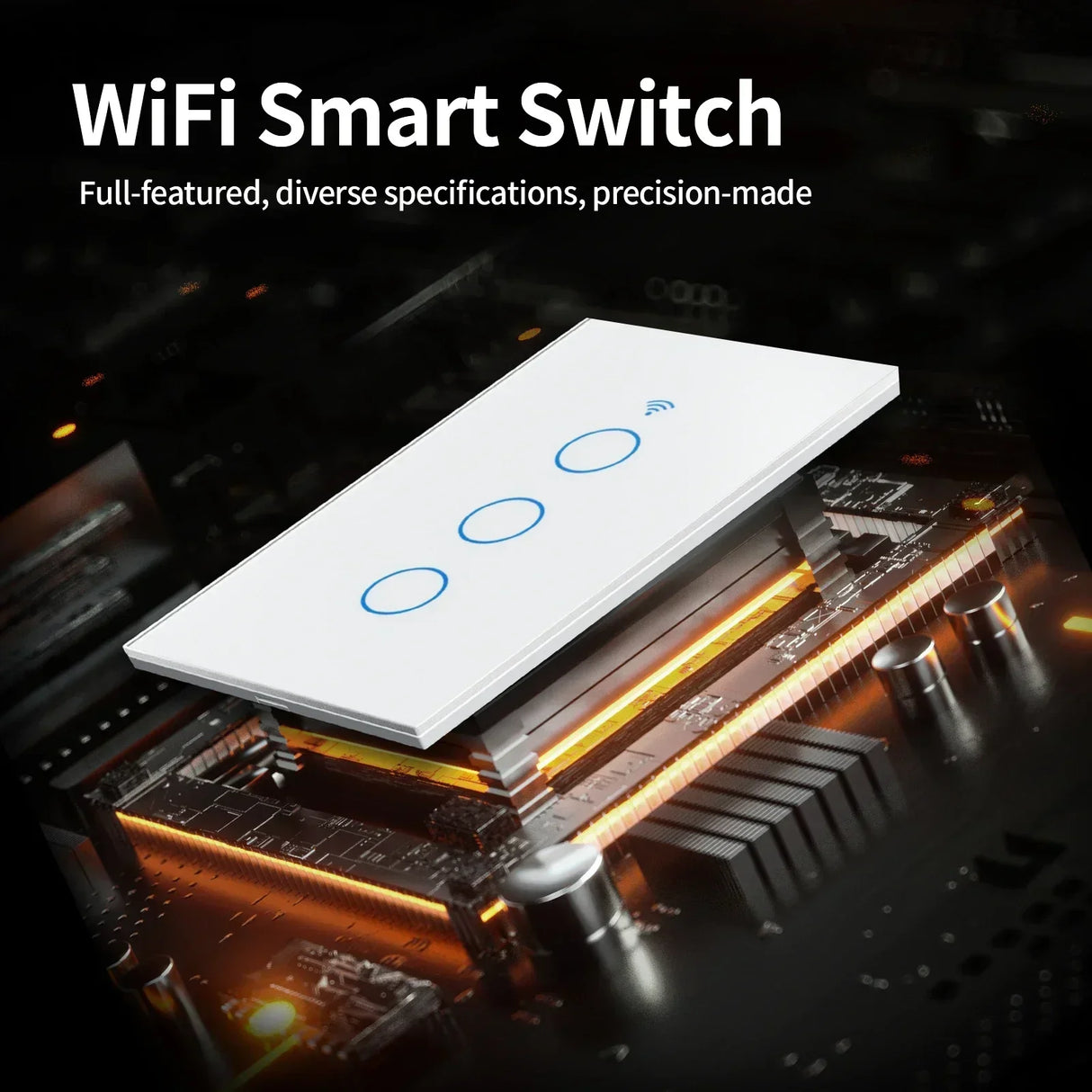 White WiFi smart switch with blue touch circles.