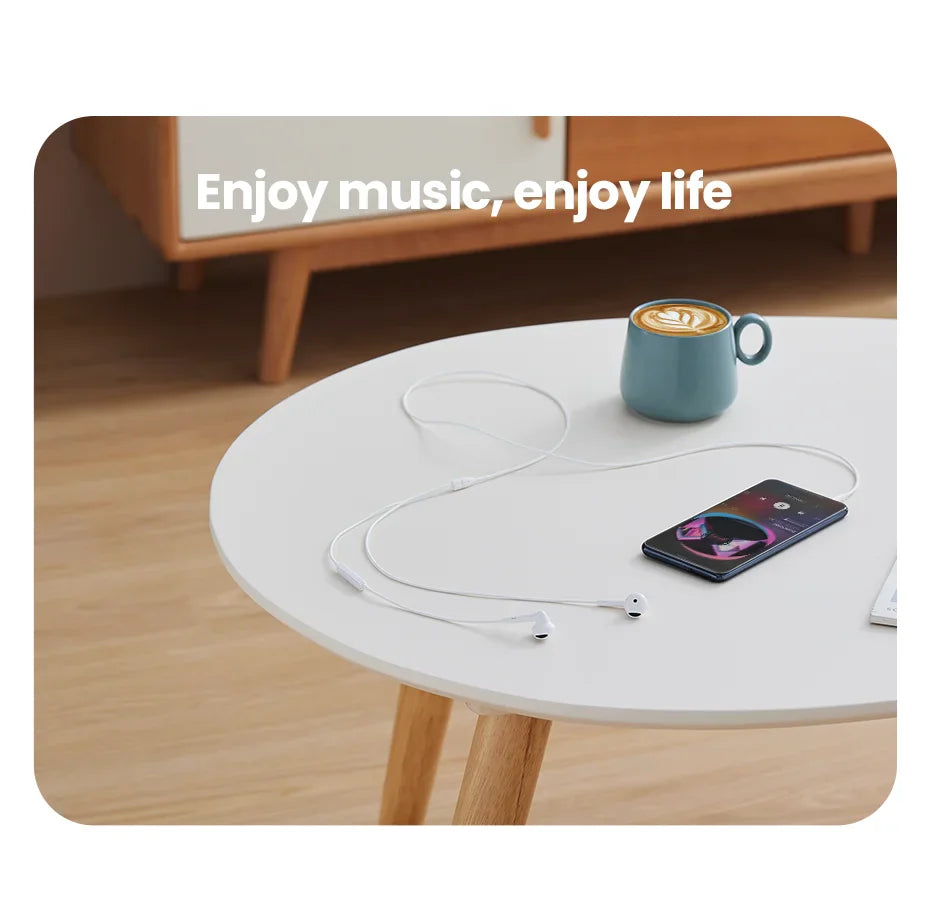 White wired earbuds connected to a smartphone.