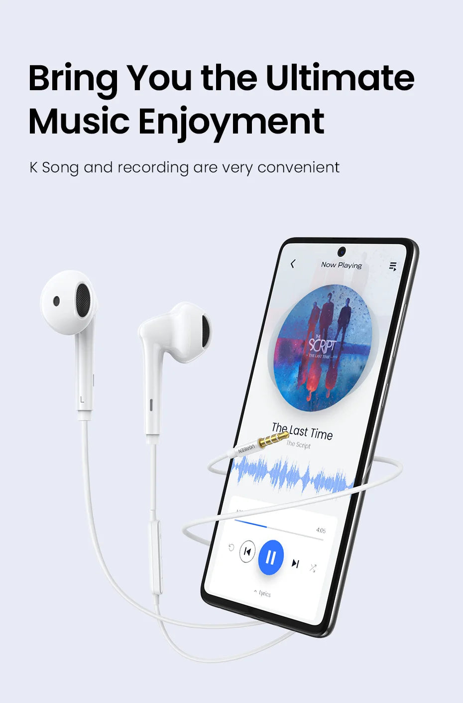 White wired earbuds connected to a smartphone.